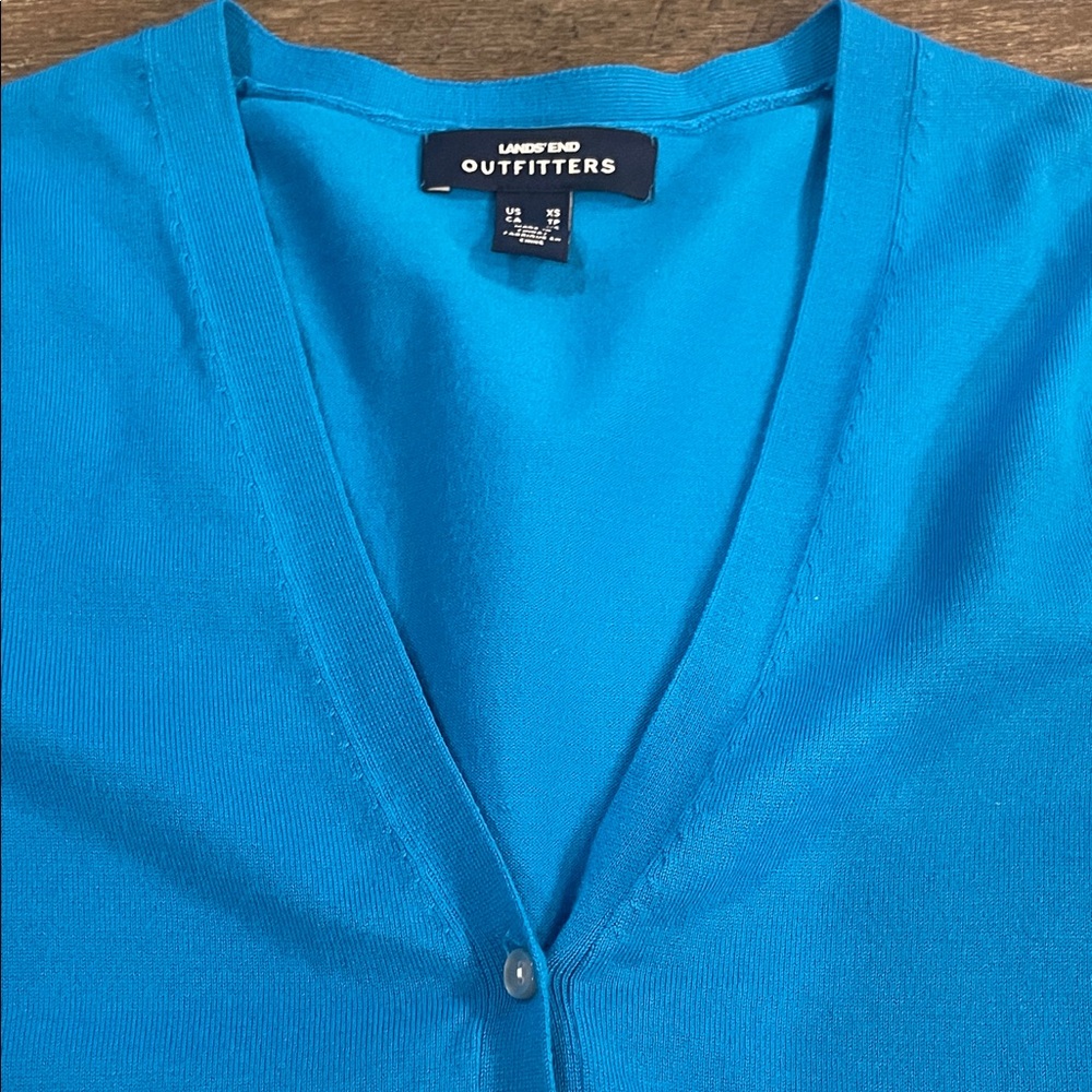 Lands' End Bright‎ Blue V-Neck Three quarter sleeve Cardigan Size XS - Picture 3 of 6